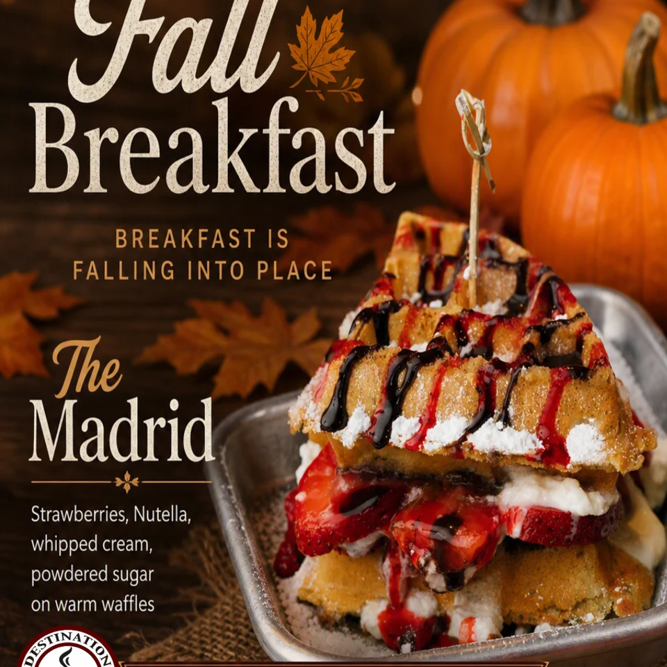 Promotional graphic for The Madrid fall breakfast featuring layered waffles with strawberries, Nutella, whipped cream, and pumpkins.
