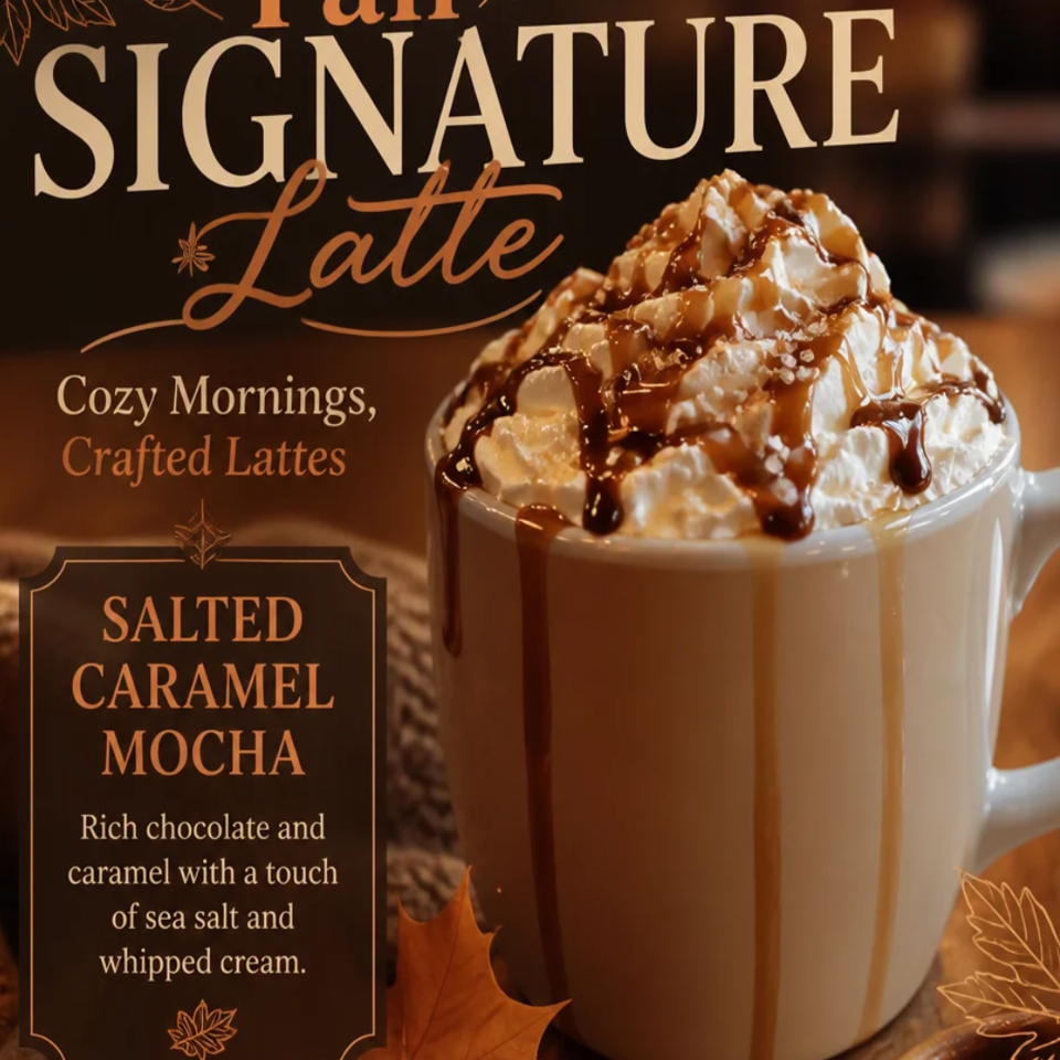 Promotional image of a whipped-cream-topped salted caramel mocha beside autumn leaves, labeled as a fall signature latte.