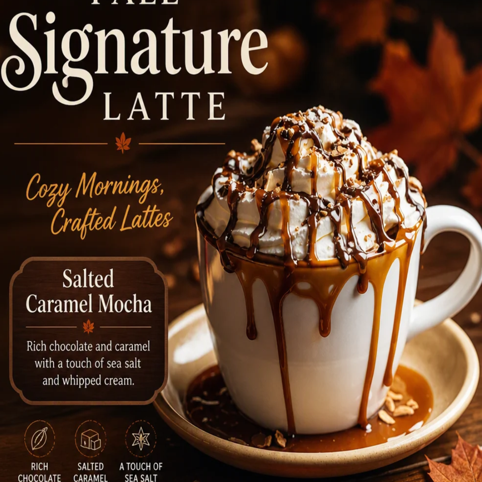 Salted caramel mocha latte topped with whipped cream, chocolate drizzle, caramel, and autumn leaves.