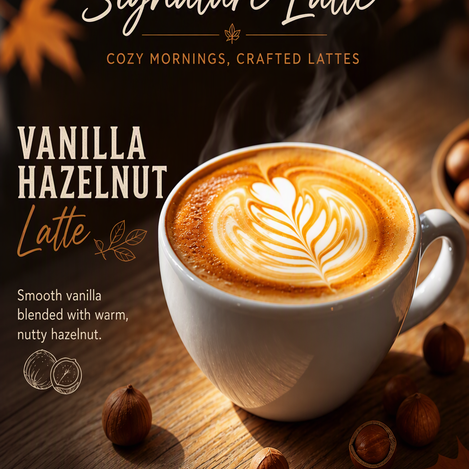 Promotional graphic featuring a vanilla hazelnut latte with leaf-shaped foam art, hazelnuts, autumn leaves, and seasonal messaging.