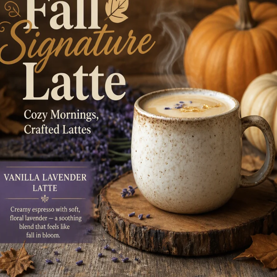 Steaming vanilla lavender latte in a ceramic mug beside pumpkins and lavender, promoting a cozy fall seasonal drink.